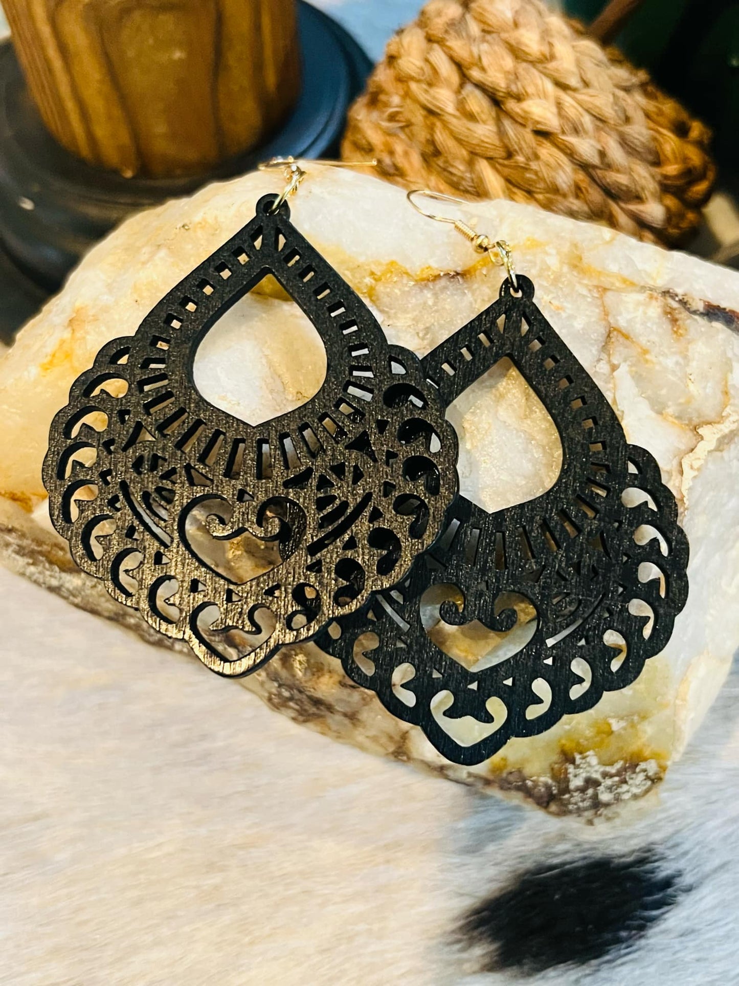 Lace Style Lazer Cut Boho Wood Earrings - 1 set